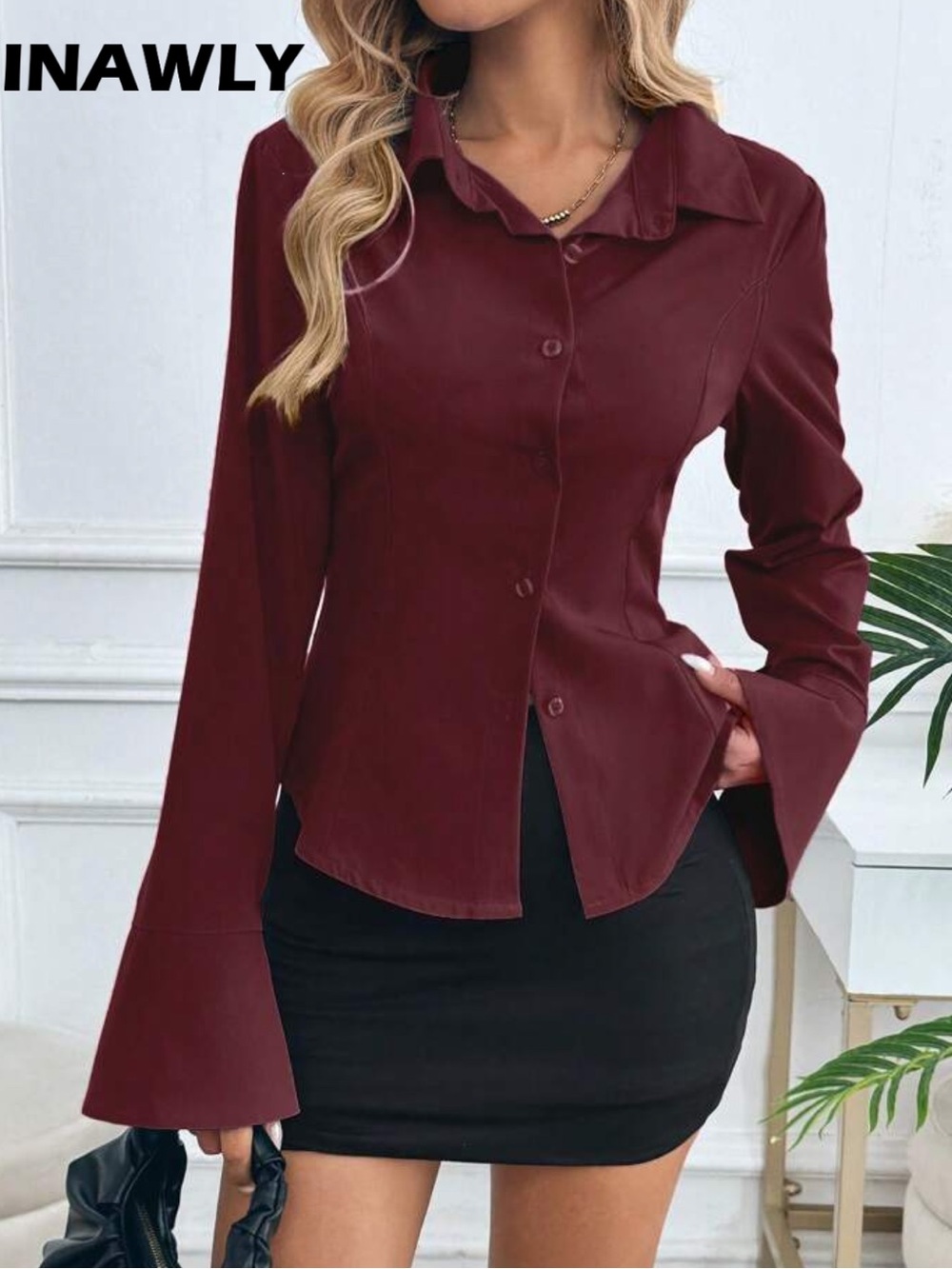 SHEIN Burgundy Button-Down Flared Cuff Blouse